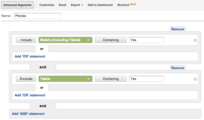 Mobile Phones Only Advanced Segment - Google Analytics
