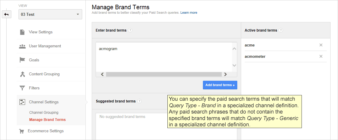Manage Brand Terms panel