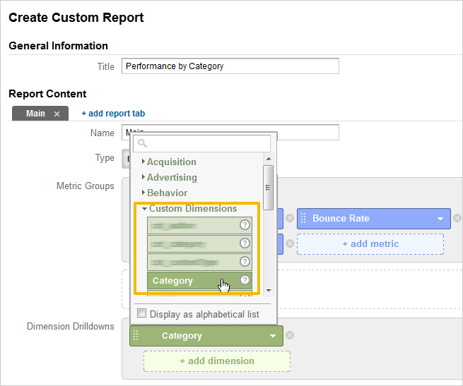 Custom dimension in custom report configuration