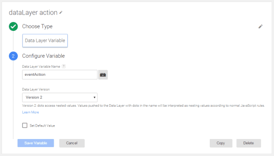 Defines a macro that will hold the value of the event action name pushed from the data layer.