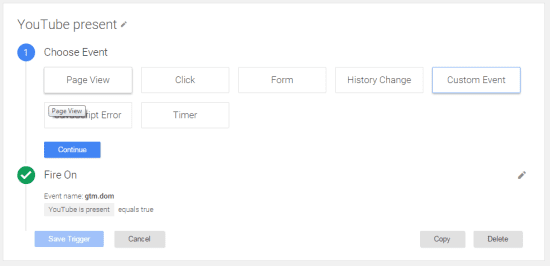 Defines a trigger that is executed when the value returned from the variable "YouTube is present" is true, and when the event is "gtm.dom"