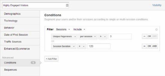 New segment, highly engaged visitors, Google Analytics