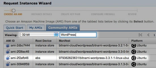 AWS Bitnami LAMP WordPress Stack selection