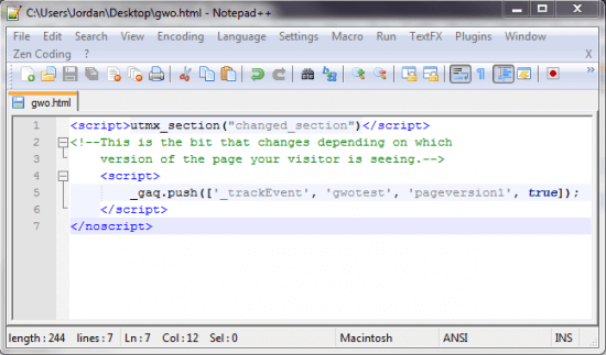 Screenshot of code setting up the Event in a GWO section tag
