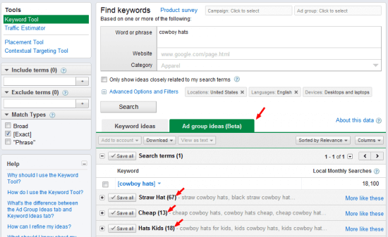 Ad Group Ideas Tab in the Google Keyword Tool