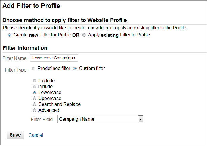 Creating a lowercase filter in Google Analytics