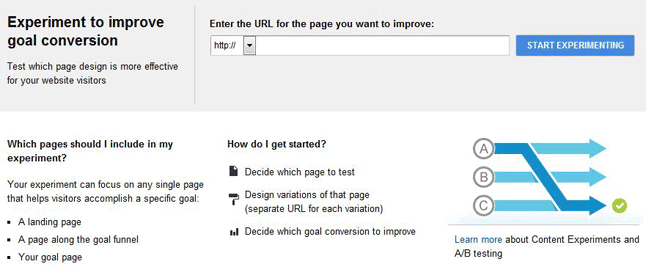 Google Analytics Content Experiments - start page