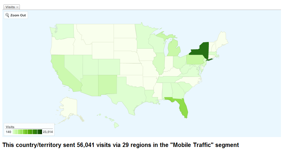 An image of the Google Analytics interface showing the geographic overlay report - click to enlarge.