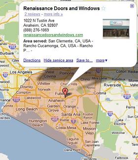 Google maps view of areas served Renaissance Doors and Windows